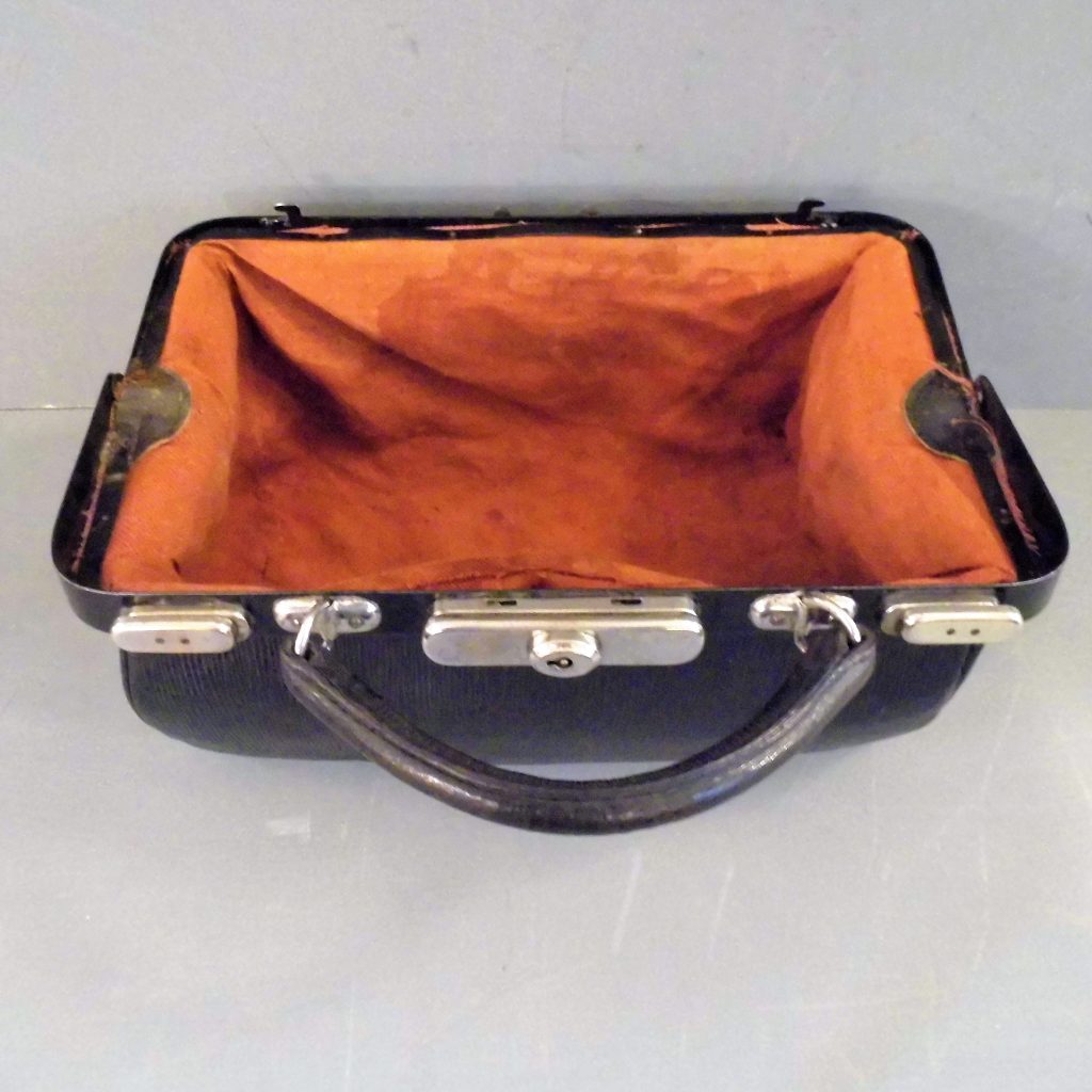 Copperton Lane: 1930s Black Naugahyde Doctor or Gladstone Bag